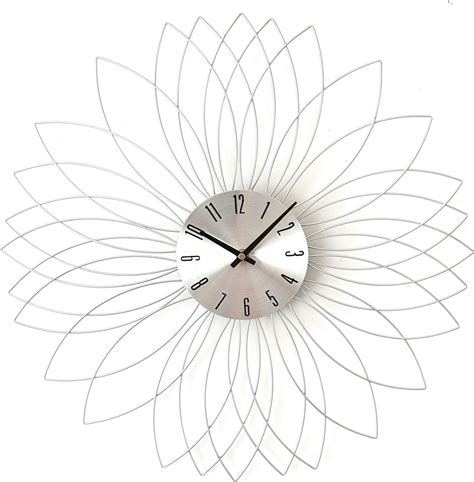 AUDACE DECO Horloge Murale Graphique Fleur en métal argenté D50 cm