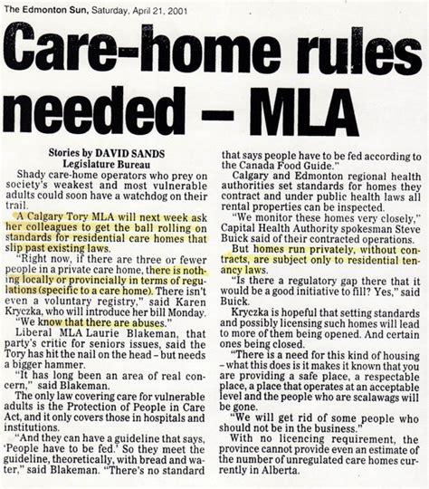 Care-Home Rules Needed – MLA (Article) | Elder Advocates Of Alberta Society