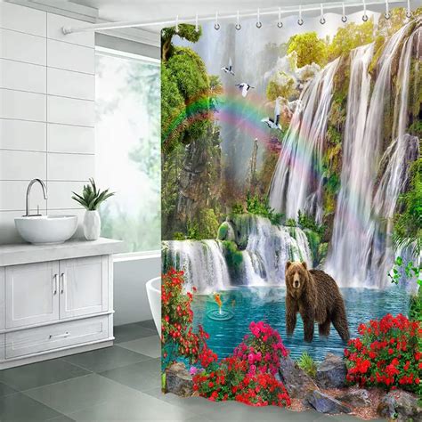 ZNLSU Cortina de ducha con diseño de cascada diseño de oso tropical