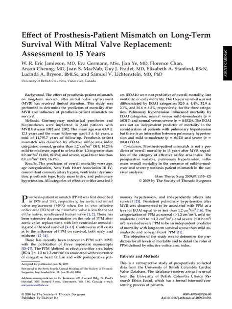 Pdf Effect Of Prosthesis Patient Mismatch On Long Term Survival With