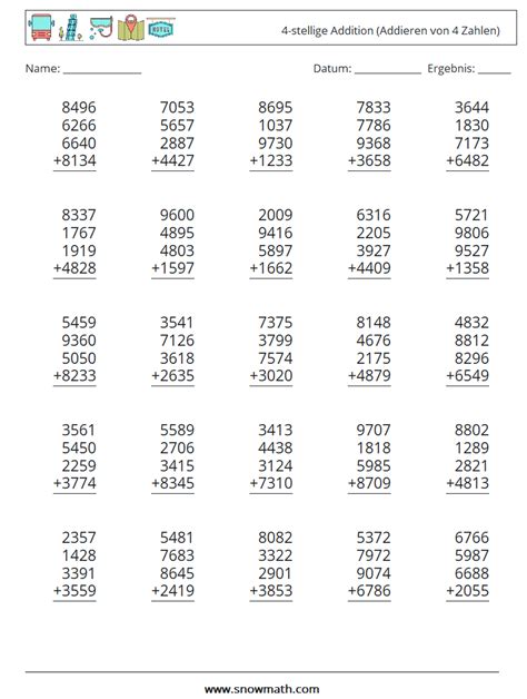 25 4 stellige addition addieren von 4 zahlen Mathe Arbeitsblätter