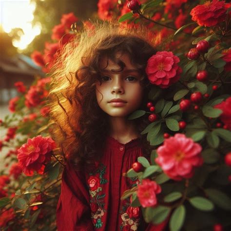 Premium Photo A Girl With Curly Hair Stands Among Flowers In Red Color