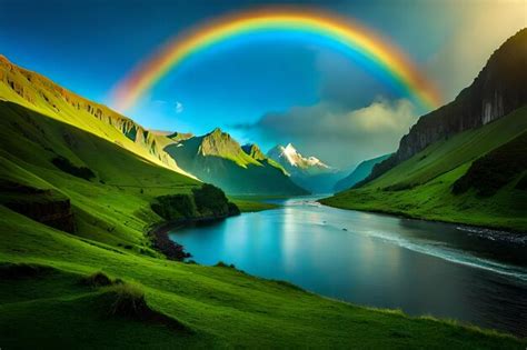 Premium Photo | A rainbow over a lake with a rainbow in the background.