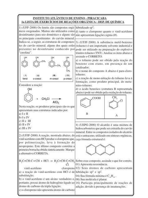 Exercicios De Reações Organicas - Listas de Exercícios de Reações Orgânicas - 1-1 | PDF | Benzeno | Ácido