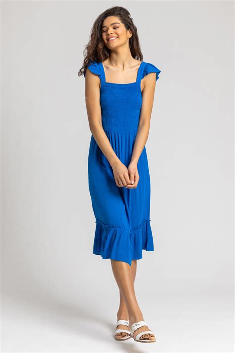 Shirred Bodice Frill Detail Midi Dress In Royal Blue Roman Originals Uk