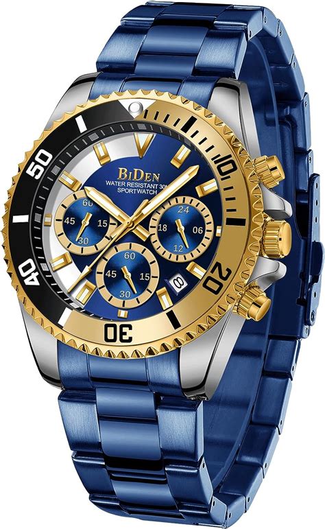 BIDEN Mens Watches Chronograph Stainless Steel Waterproof Date Analog