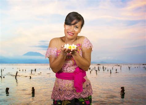 Beautiful Happy Middle Aged Indonesian Balinese Woman In Traditional