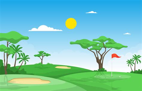 Golf Course With Red Flag Trees And Sand Traps Vector Art At