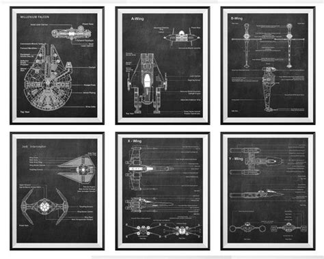 Star Wars Poster Patent Printable Set Millennium Falcon A Wing B Wing