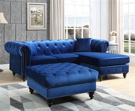 Glory Furniture Nola Navy Blue Velvet Reversible Sectional With Ottoman | Living room sets ...