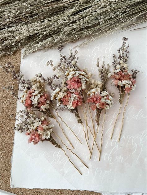 Dried Flower Hair Pins White Pink Boho Wedding Flower Etsy In