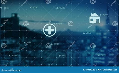 Animation Of Multiple Digital Icons Over Grid Network Against Aerial