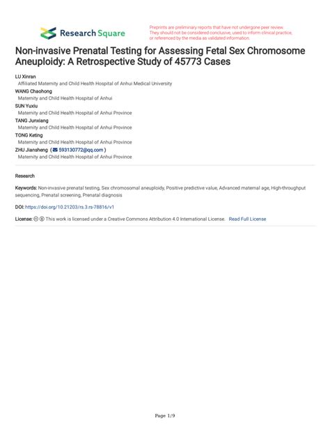 Pdf Non Invasive Prenatal Testing For Assessing Fetal Sex Chromosome