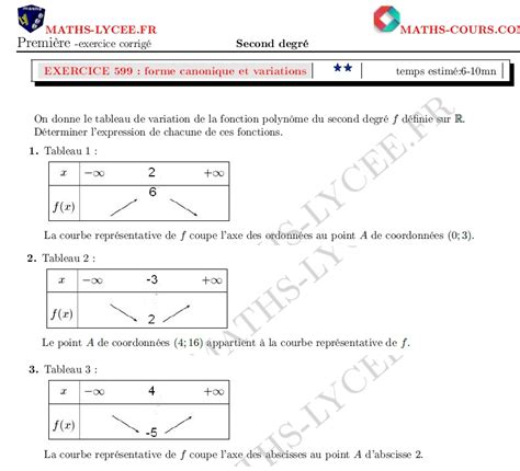 MATHS LYCEE FR exercice corrigé maths première spécialité Tableau de