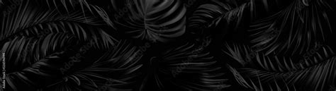 Vector horizontal banner with silver and black tropical leaves on dark ...