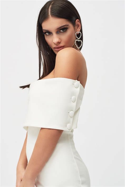 Off The Shoulder Midi Dress White Grid