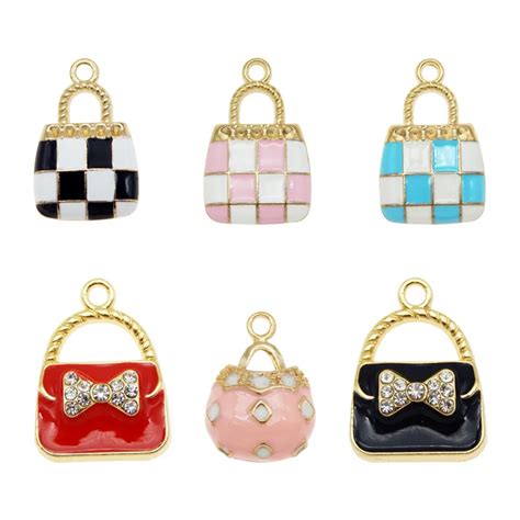 6pcs Mix Enamel Women Bag Pendant Charms Bow Necklace Jewelry Making