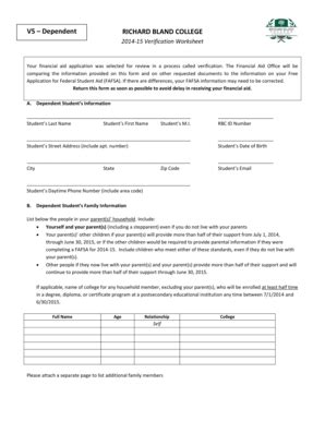 Fillable Online Rbc V5 Dependent RICHARD BLAND COLLEGE 2014 15