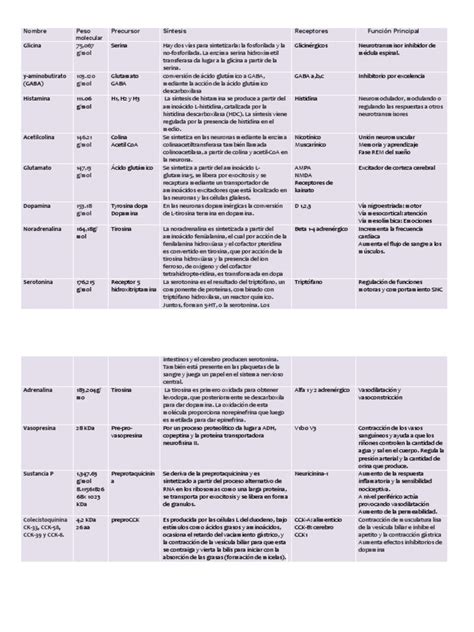 Tabla Neurotransmisores Pdf Serotonina Glicina