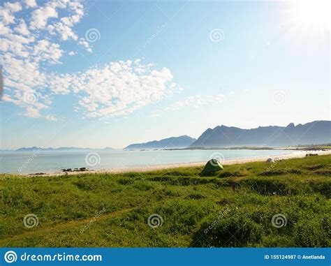 Paysage Marin Avec La Tente Sur La Plage Lofoten Norv Ge Image Stock