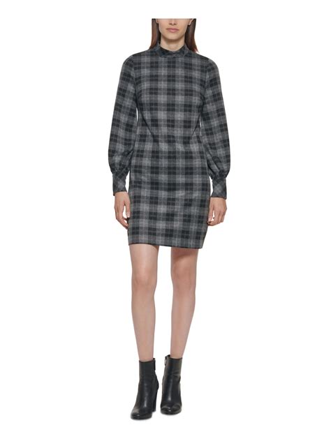 Calvin Klein Womens Gray Stretch Zippered Plaid Cuffed Sleeve Mock Neck