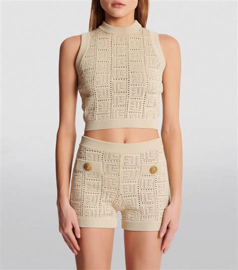 Womens Balmain Neutrals Rib Knit Monogram Crop Top Harrods UK