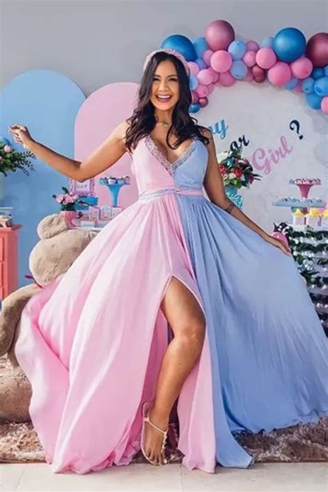 Pink And Blue Stitching Split V Neck Backless Maternity Dress For Photo