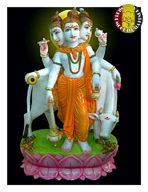 Painted Hindu White Marble Dattatreya Statue For Temple Size 2ft At