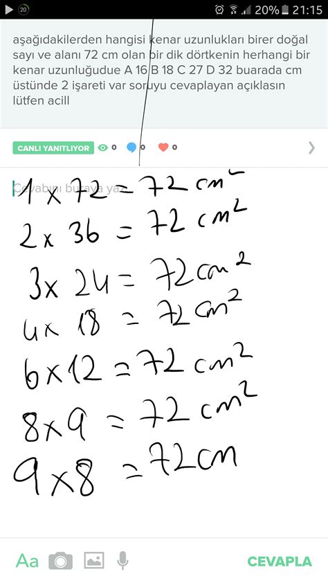 aşağıdakilerden hangisi kenar uzunlukları birer doğal sayı ve alanı 72