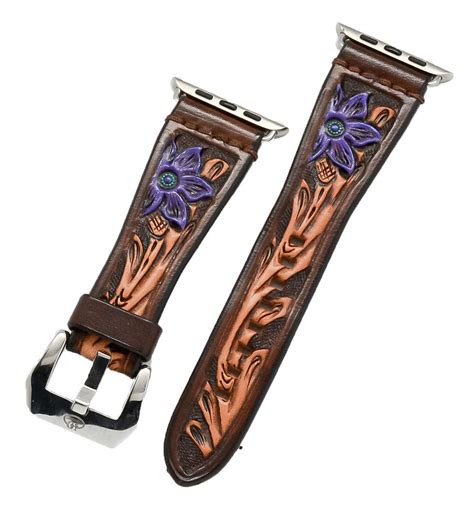 Leather Watch Band Carved Floral Designpurple Flower Hadlock Designs