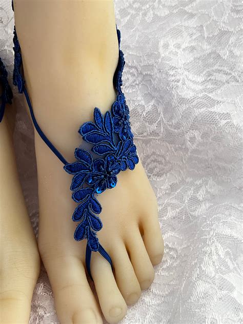 Royal Blue Beaded Lace Barefoot Sandals Bridal Barefoot Flower Lace Beaded Barefoot Sandals