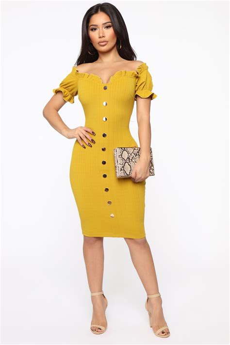 Bailey Button Front Midi Dress Mustard Fashion Nova