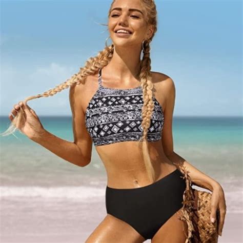 Charm Leaks Swim Womens Black Tribal High Neck Crop Bikini Top Mid