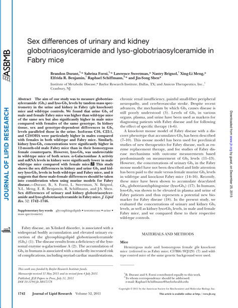 PDF Sex Differences Of Urinary And Kidney Globotriaosylceramide And