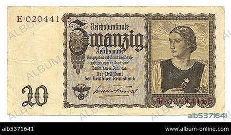 Front of banknote, Reichsbank, value 20 Reichmarks, 1939, Germany ...