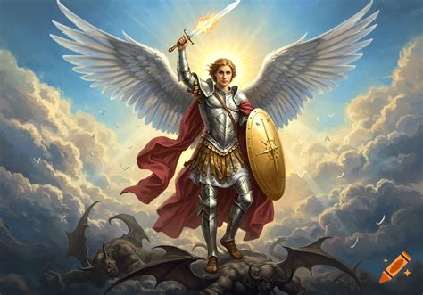 Archangel Michael in shining armor with large wings stands on a ...