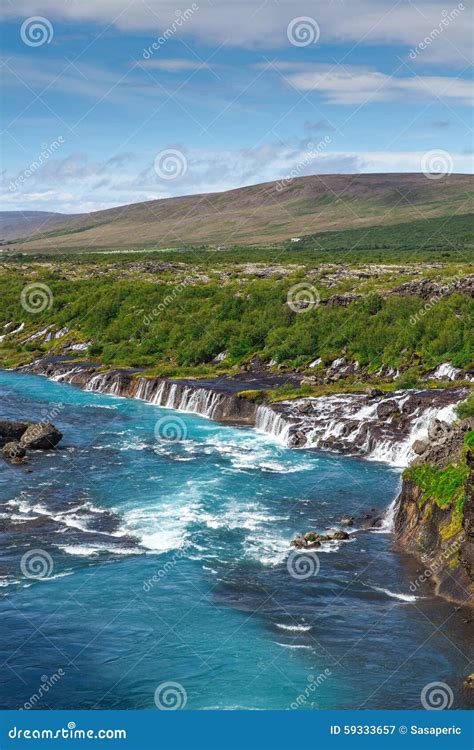 Hraunfossar Waterfalls Or Lava Falls, Iceland. Beautiful Summer ...