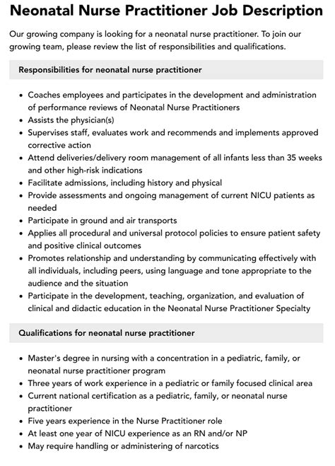 Neonatal Nurse Practitioner Job Description Velvet Jobs