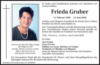 Traueranzeigen Von Frieda Gruber Trauer Bz