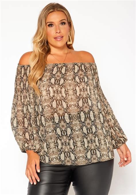 Asoph Plus Size Snakeskin Print Off Shoulder Top Trendy Plus Size