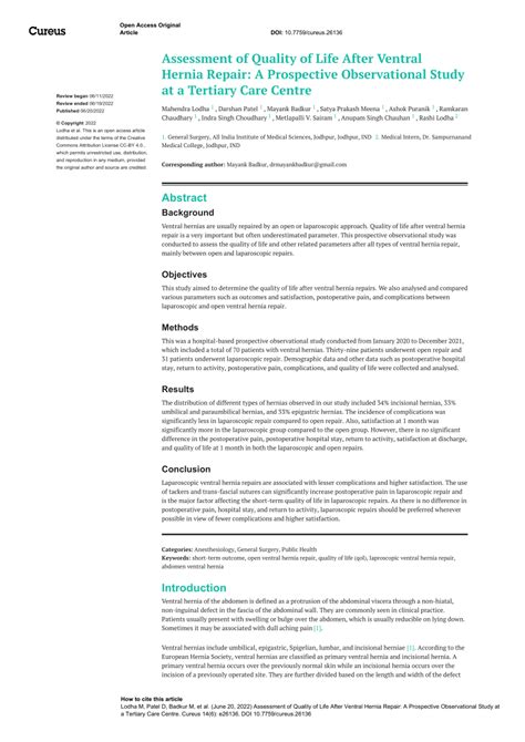 Pdf Assessment Of Quality Of Life After Ventral Hernia Repair A