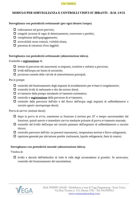 Fac Simile Modulo Sorveglianza Idranti E Naspi DM 1 9 21 Vega Engineering