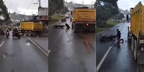 Medellín Motociclista se salvó de ser arrollado por una volqueta