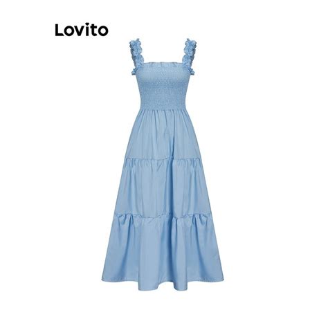 Lovito Women Casual Plain Ruffle Smocked Tiered Layer Dress L Ed