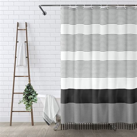 Boho Black And White Shower Curtain For Bathroom Stripe Tassel Fabric