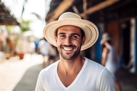 Premium Ai Image Smiling Man Wearing A Straw Hat