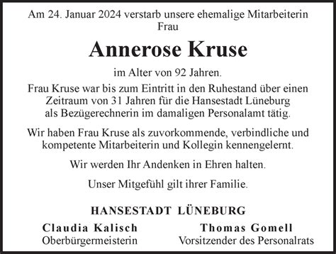 Traueranzeigen Von Annerose Kruse Trauer L Neburg De