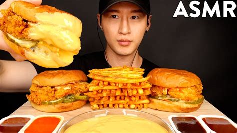 Asmr Cheesy Popeyes Chicken Sandwiches And Fries Mukbang No Talking