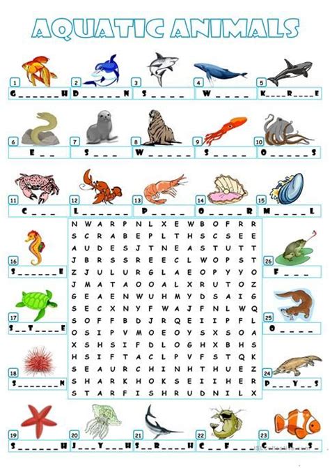 Aquatic Animals Wordsearch English Esl Worksheets For Distance