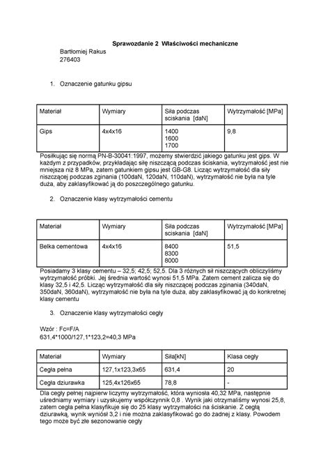 Sprawozdanie Mechaniczne Sprawozdanie W A Ciwo Ci Mechaniczne